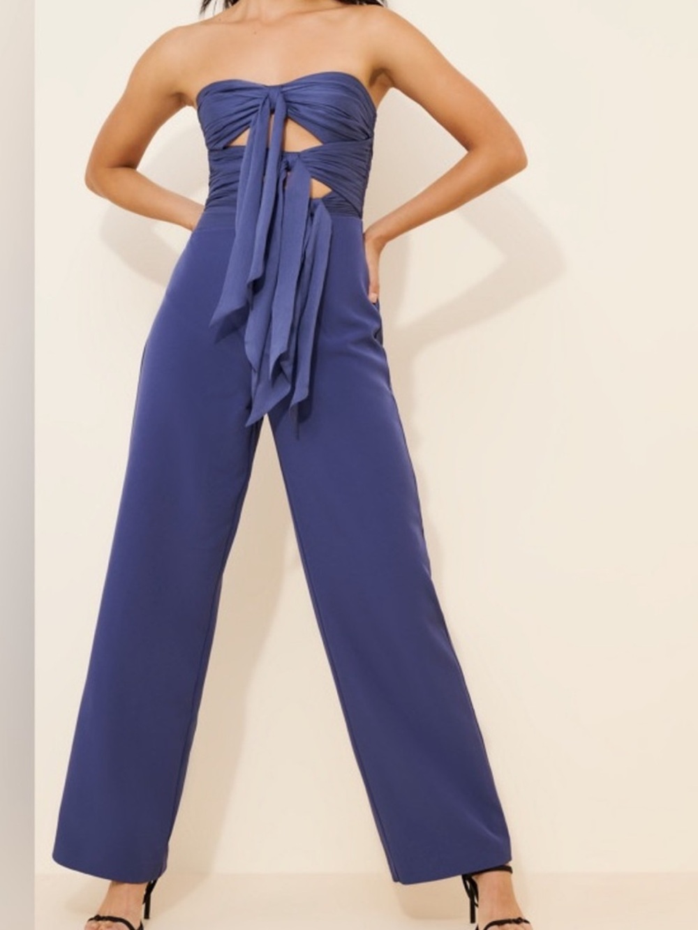 AMUR Roy Strapless Tie Front Jumpsuit Cut Out Navy Night Blue Sz 4 NWOT